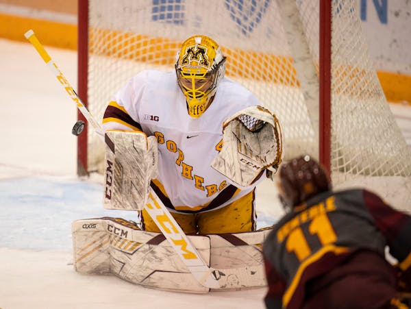 Minnesota Gophers goaltender Jack LaFontaine (45) made a stick save of a shot by Arizona State Sun Devils forward Benji Eckerle (11) in the third peri