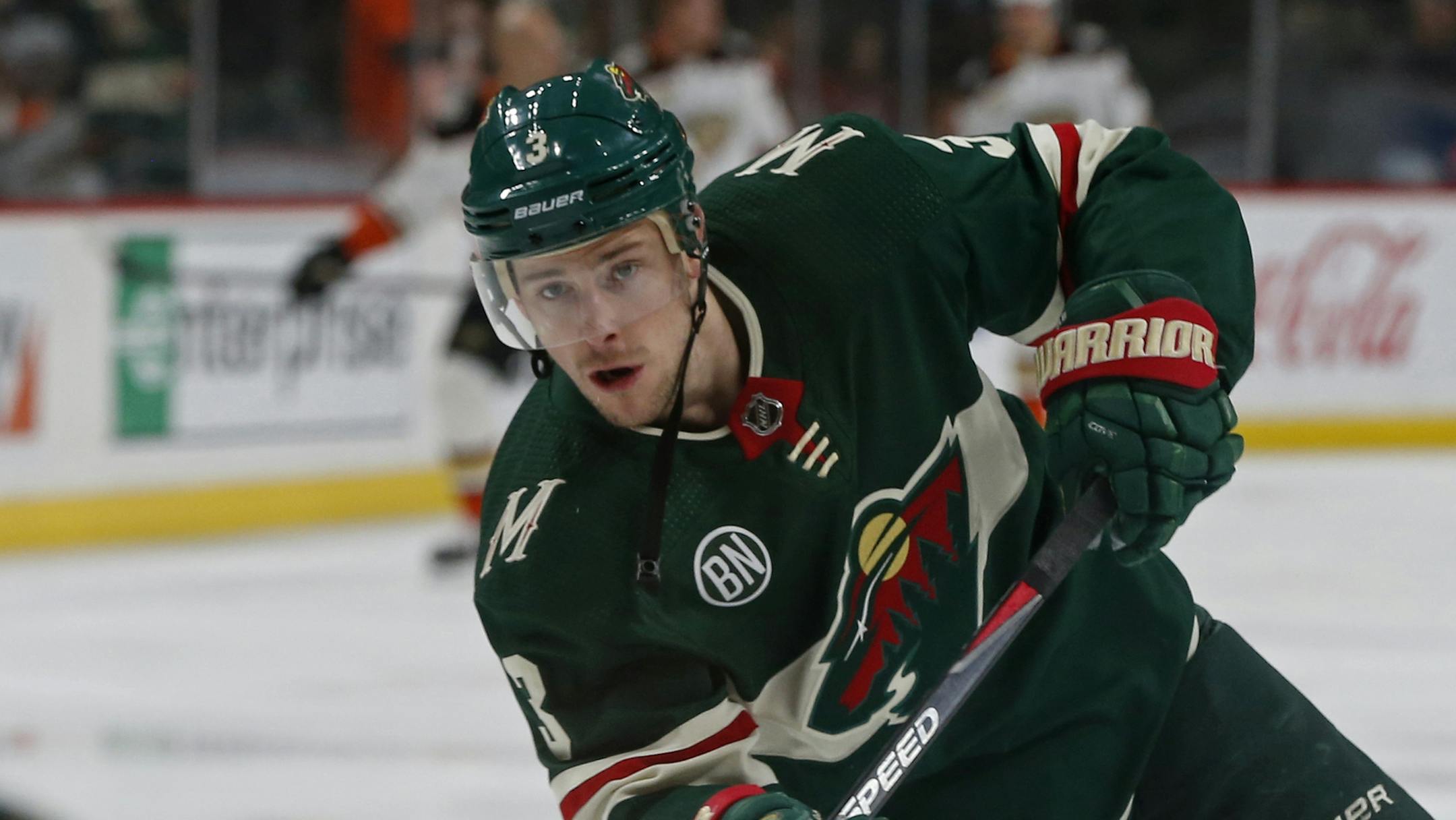 Minnesota Wild's Charlie Coyle warms up before an NHL hockey game against the Anaheim Ducks Thursday, Jan. 17, 2019, in St. Paul, Minn. (AP Photo/Jim Mone) ORG XMIT: MNJM10