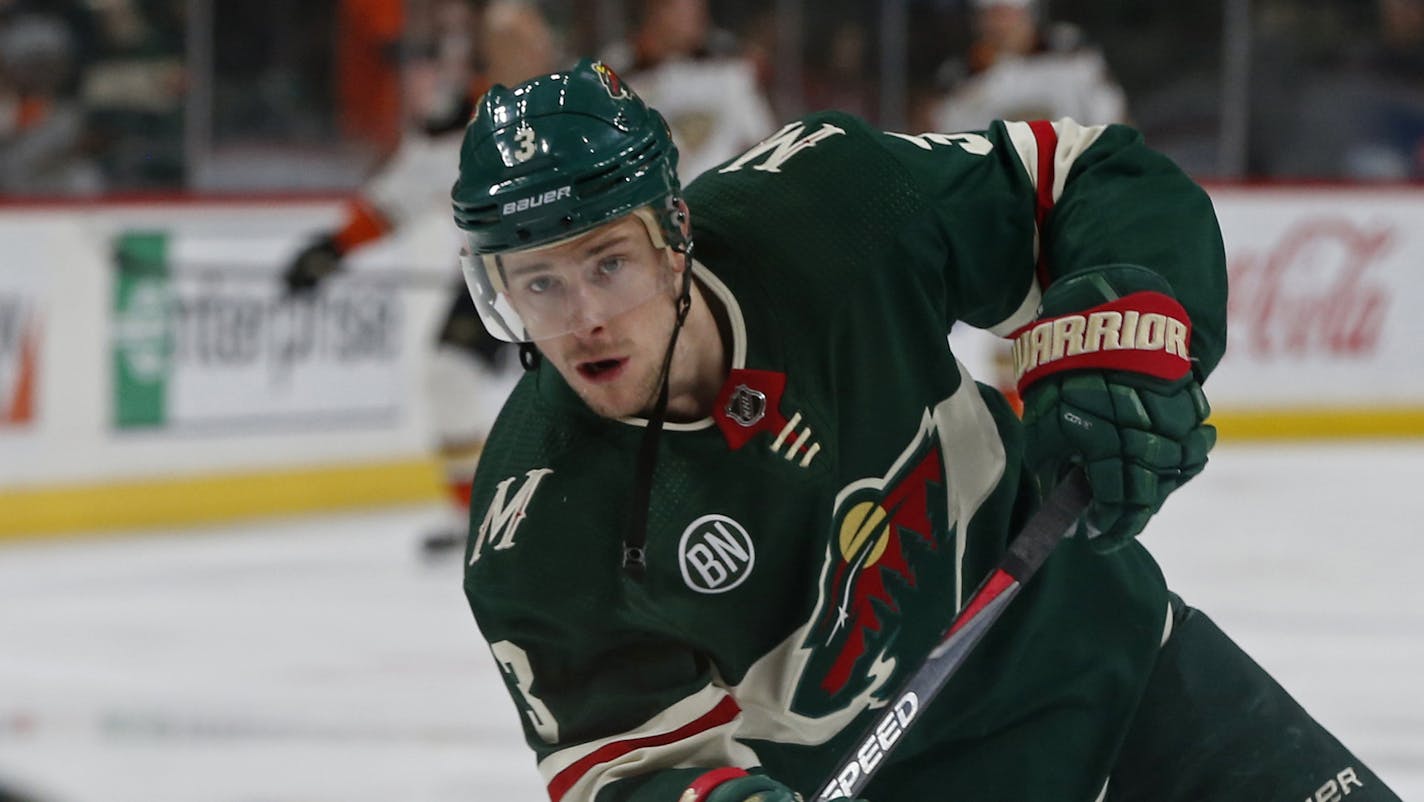 Minnesota Wild's Charlie Coyle warms up before an NHL hockey game against the Anaheim Ducks Thursday, Jan. 17, 2019, in St. Paul, Minn. (AP Photo/Jim Mone) ORG XMIT: MNJM10