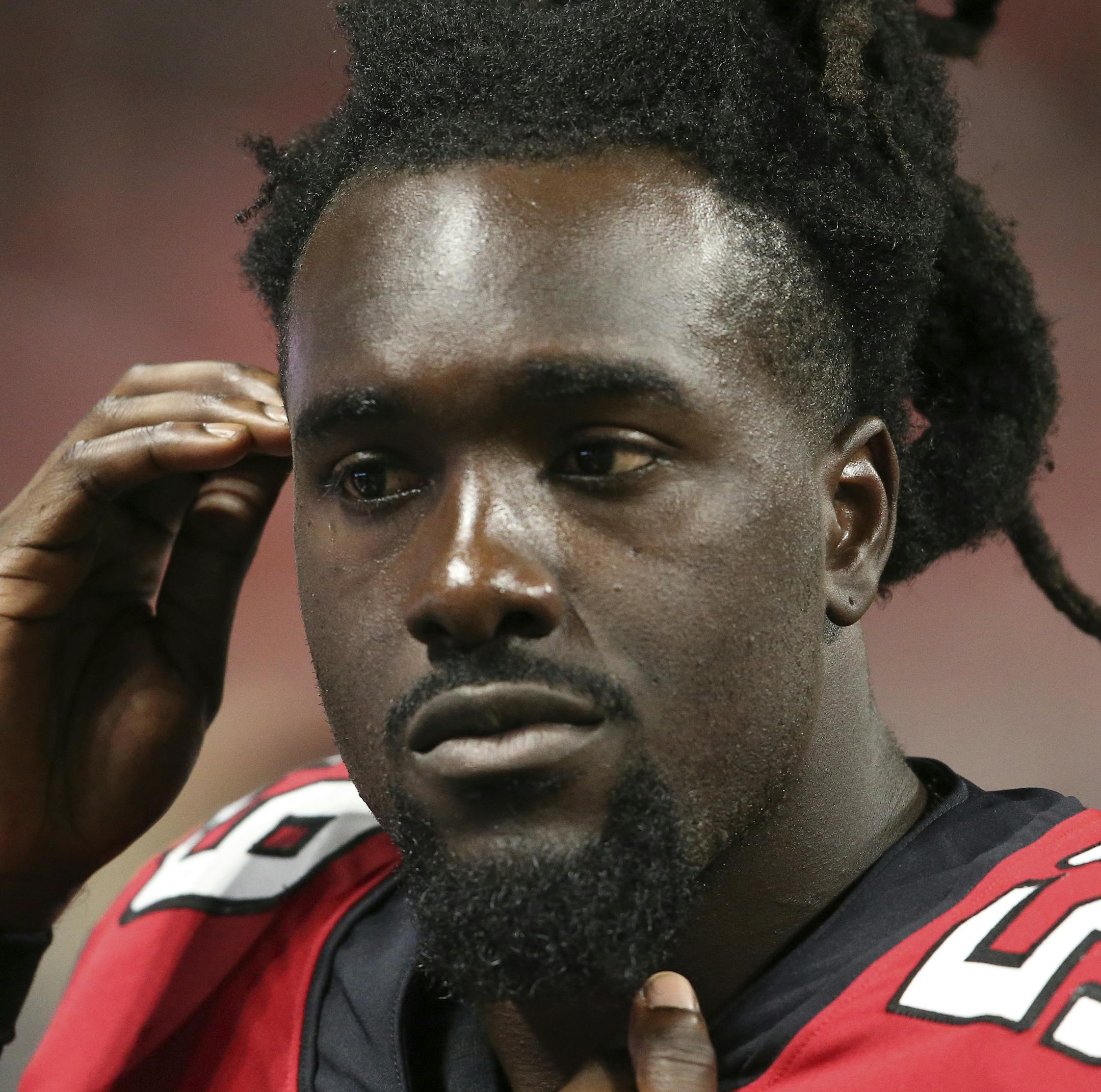 Atlanta Falcons outside linebacker De'Vondre Campbell (59) sits on the bench against the Jacksonville Jaguars during the second half of an NFL football game, Thursday, Aug. 31, 2017, in Atlanta. (AP Photo/John Bazemore) ORG XMIT: GAMS1