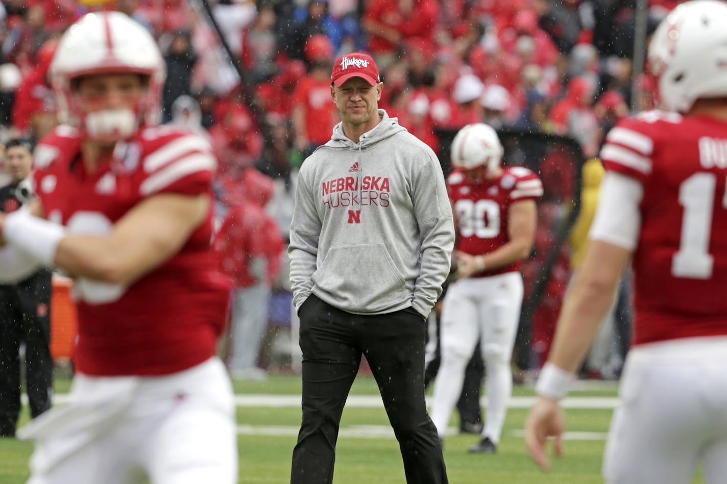 Nebraska head coach Scott Frost follows warmups before playing an NCAA college football game against Ohio State in Lincoln, Neb., Saturday, Sept. 28, 2019. (AP Photo/Nati Harnik)