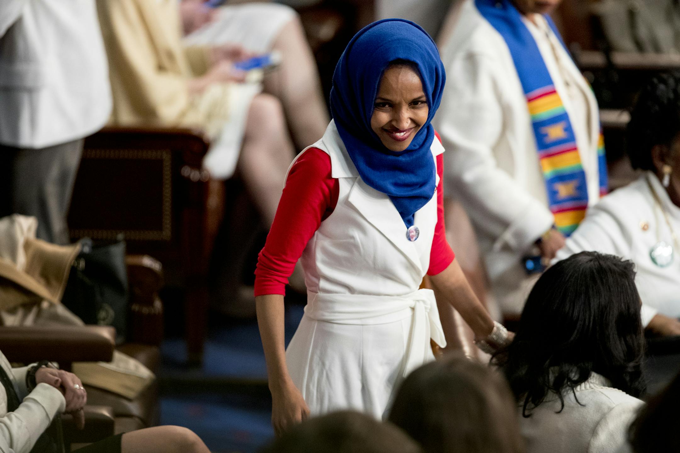 Rep. Ilhan Omar, D-Minn., arrives before President Donald Trump delivers his State of the Union address to a joint session of Congress on Capitol Hill in Washington, Tuesday, Feb. 5, 2019. (AP Photo/Andrew Harnik)
