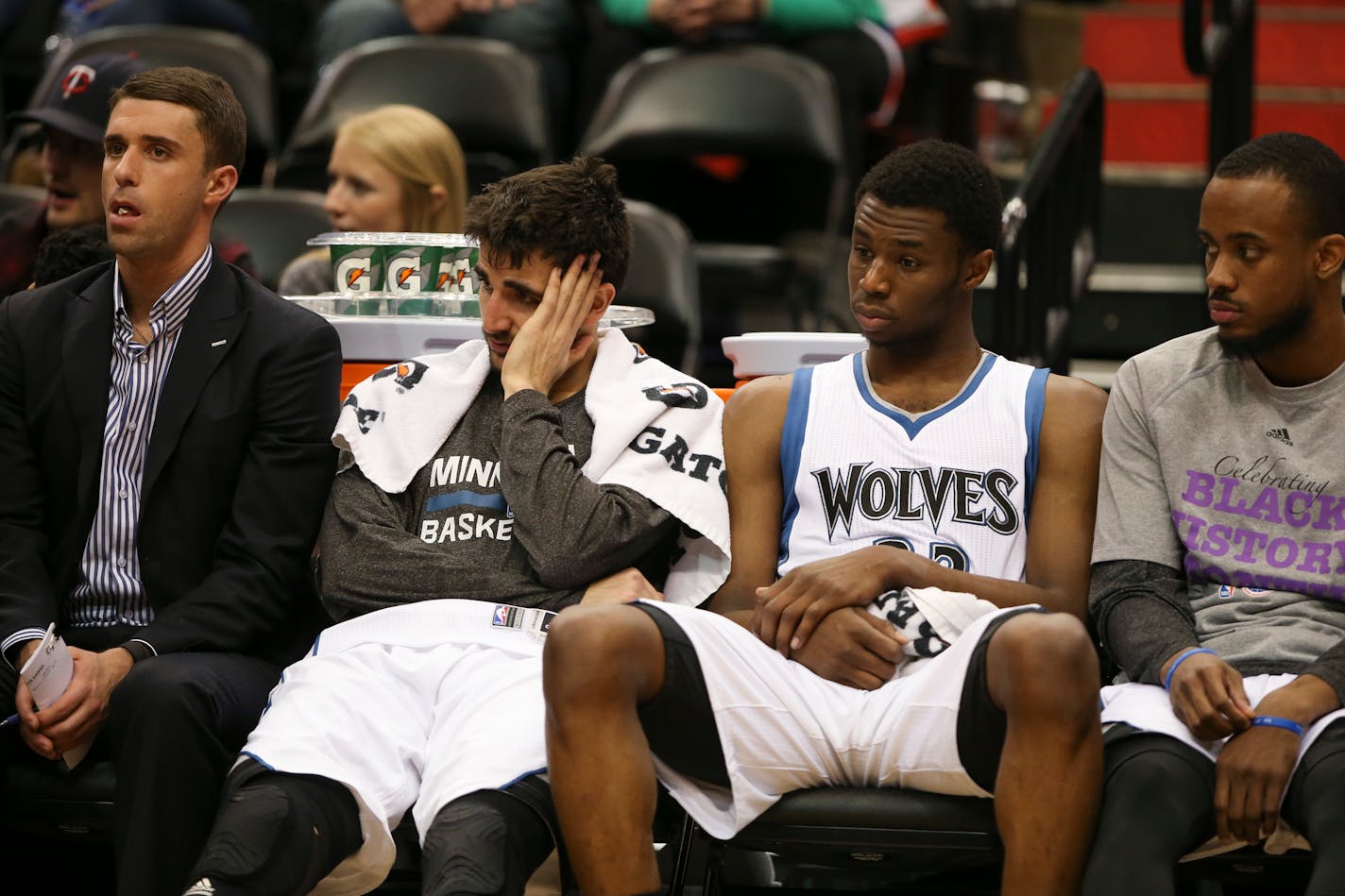 Timberwolves guard Ricky Rubio, left, and forward Andrew Wiggins