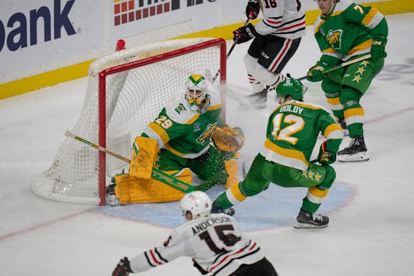 Wild goalie Marc-Andre Fleury stopped a shot during Sunday’s victory over Chicago at Xcel Energy Center.