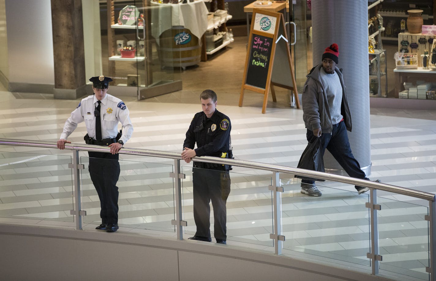 Mall of America security and a Bloomington police officer patrolled the mall on Monday February 21, 2015 in Bloomington, Minn. ] RENEE JONES SCHNEIDER &#x2022; reneejones@startribune.com