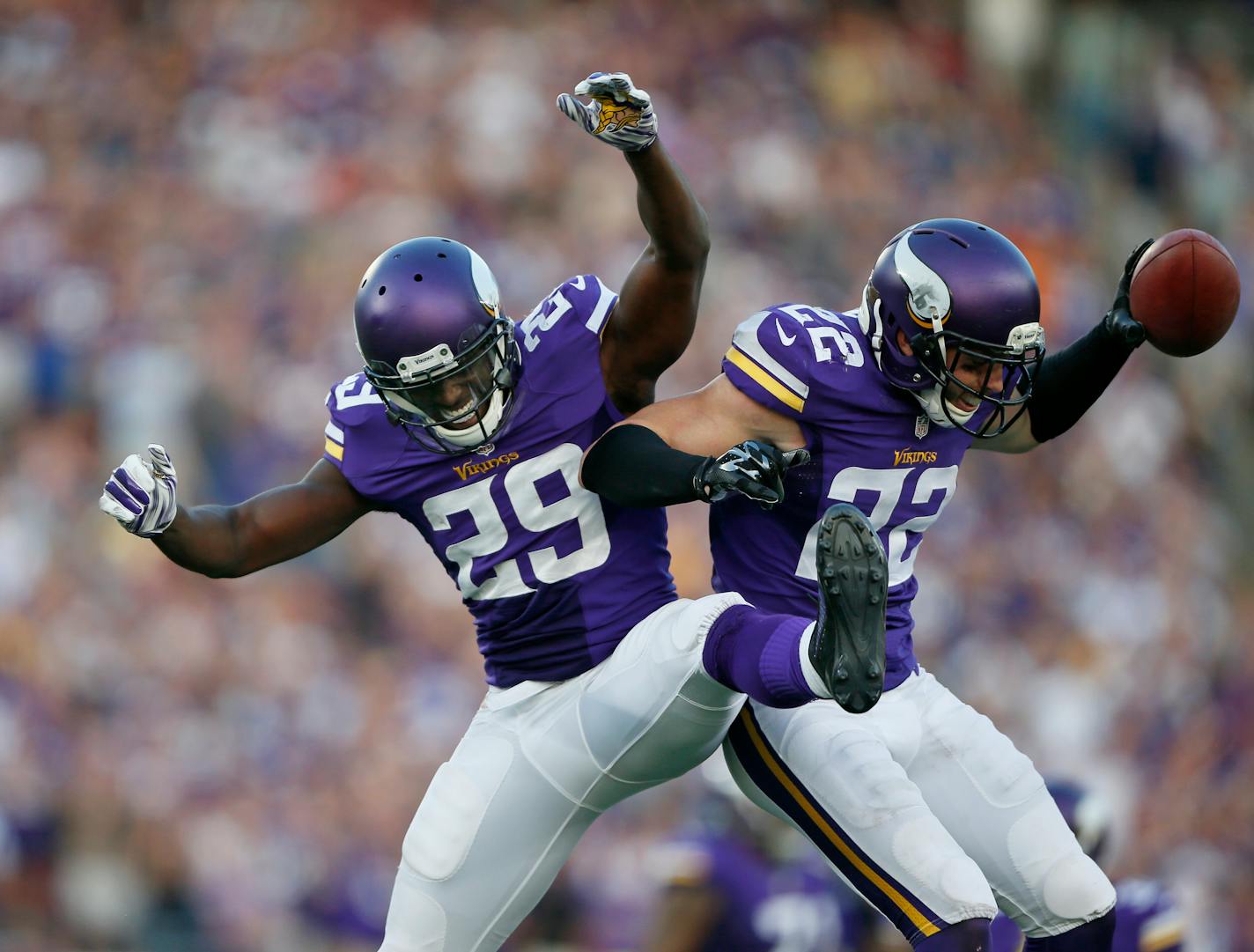 Minnesota Vikings cornerback Xavier Rhodes (29) left celebrated safety Harrison Smith (22) forth quarter interception .The Minnesota Vikings played the Atlanta Falcons at TCF Bank Stadium Sunday September 28 , 2014 in Minneapolis ,MN. ] Jerry Holt Jerry.holt@startribune.com