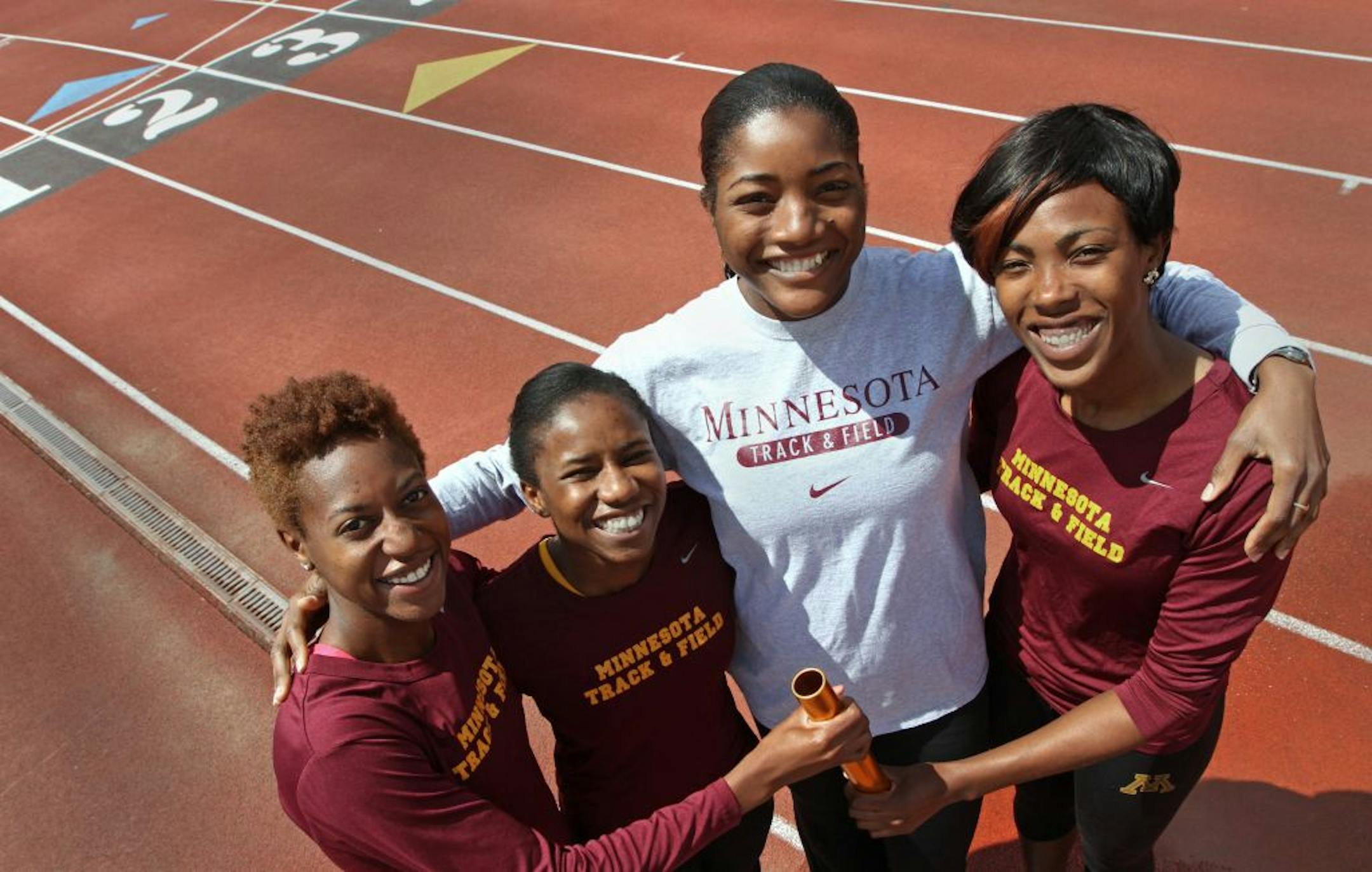 From left: Gophers runners Kylie Peterson, Chimerem Okoroji, Nyoka Giles and Todea-Kay Willis are trying to build on last year's success in the 400 relay.