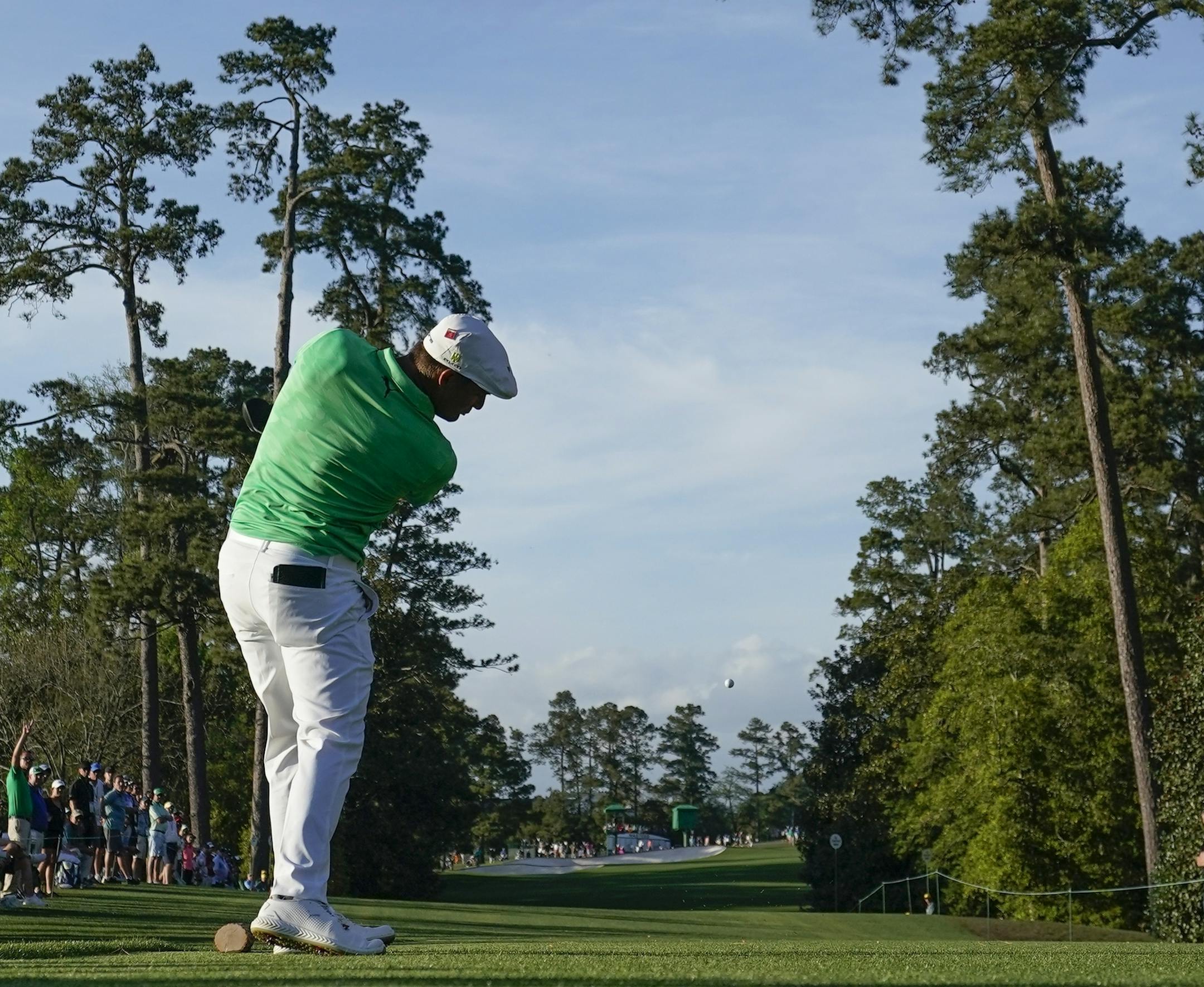 Bryson DeChambeau hits a drive on the 18th hole during the first round for the Masters golf tournament Thursday, April 11, 2019, in Augusta, Ga. (AP Photo/David J. Phillip)