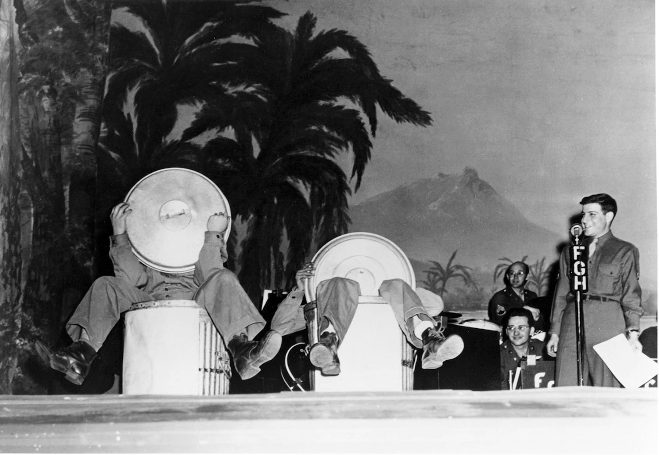 'Leigh Kamman as spokesperson for a live remote broadcast from Fitzsimons Hospital Army Post Theater in Denver,Co. Entitled " Klambake in Khaki" the program was broadcast on the NBC owned and operated Denver station in 1945.