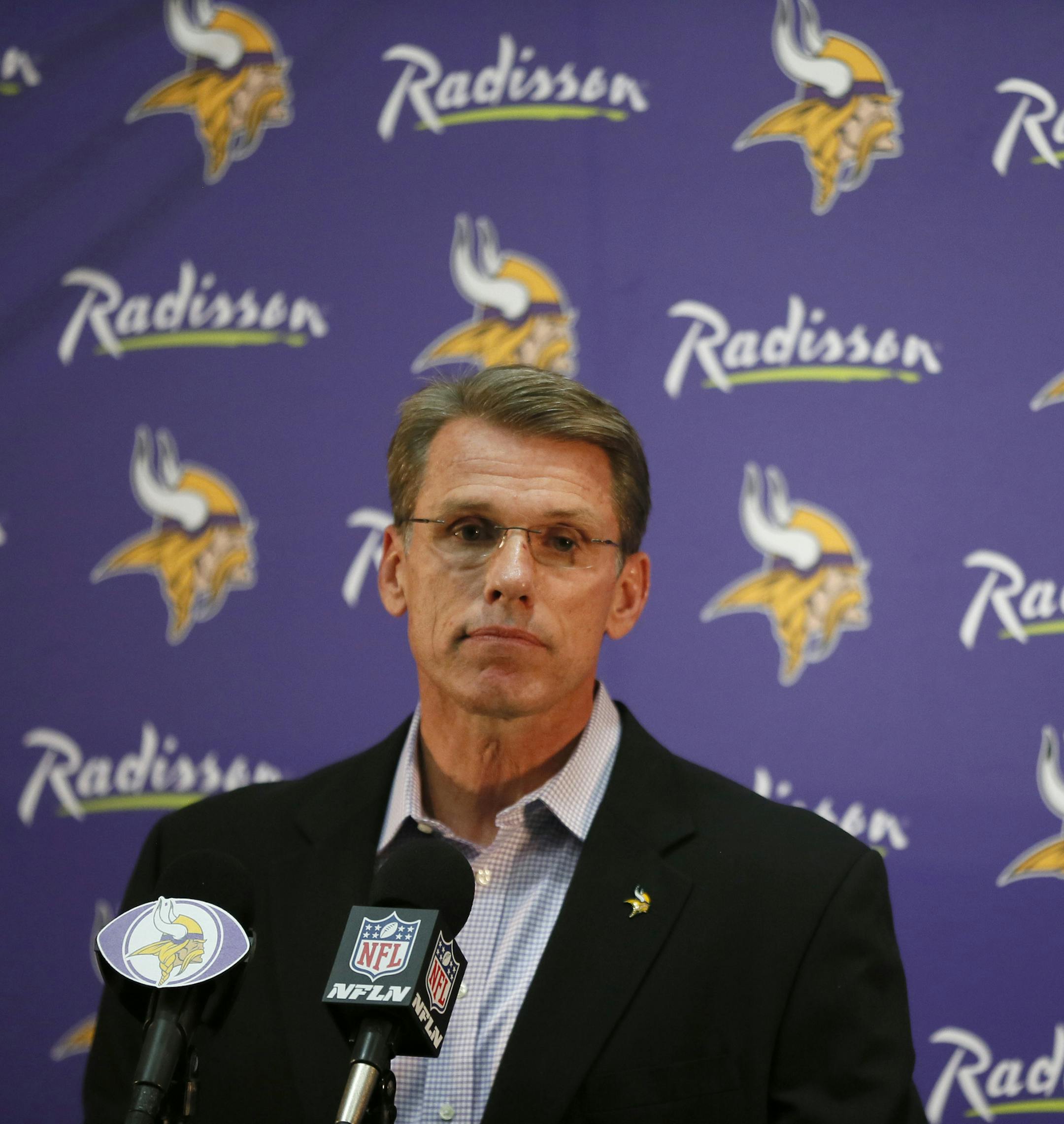 Minnesota Vikings general manger Rick Spielman listens to reporters after discussing the descision to allow Adrian Peterson to play on Sunday against the New Orleans Saints, Monday, Sept. 15 , 2014. in Eden Prairie, Minn. The Vikings had benched Peterson after news broke Friday that he had used a wooden switch to spank his 4-year-old son, causing unspecified injuries (AP Photo/The Star Tribune, Jerry Holt) MANDATORY CREDIT; ST. PAUL PIONEER PRESS OUT; MAGS OUT; TWIN CITIES TV OUT ORG XMIT: MIN20