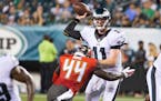 Philadelphia Eagles quarterback Carson Wentz (11) takes the hit from Tampa Bay Buccaneers linebacker Micah Awe (44) after getting the pass off during 