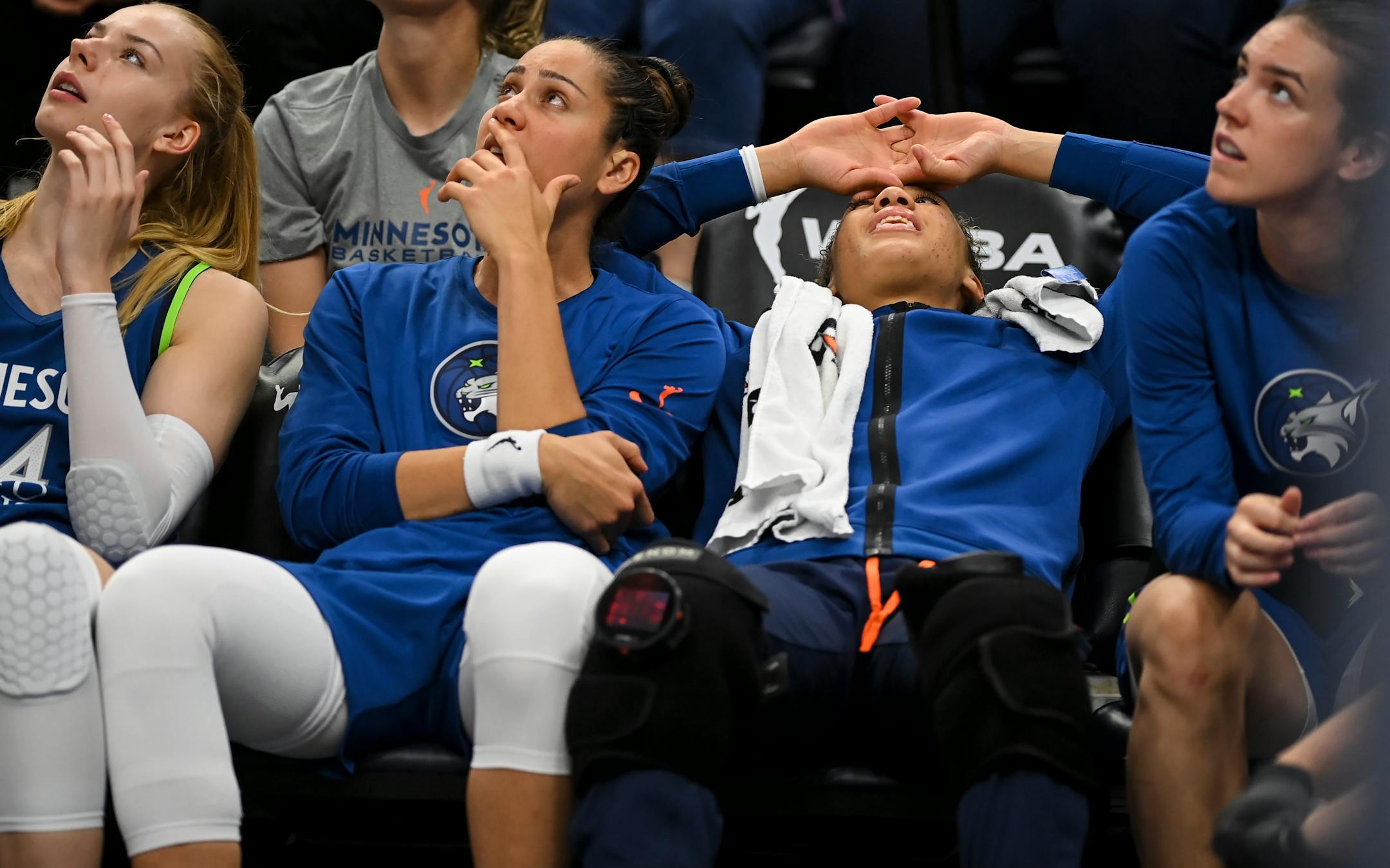 Minnesota Lynx players including forward Aerial Powers, second from right, are frustrated as their team inches toward a loss in the final minute of the fourth quarter.