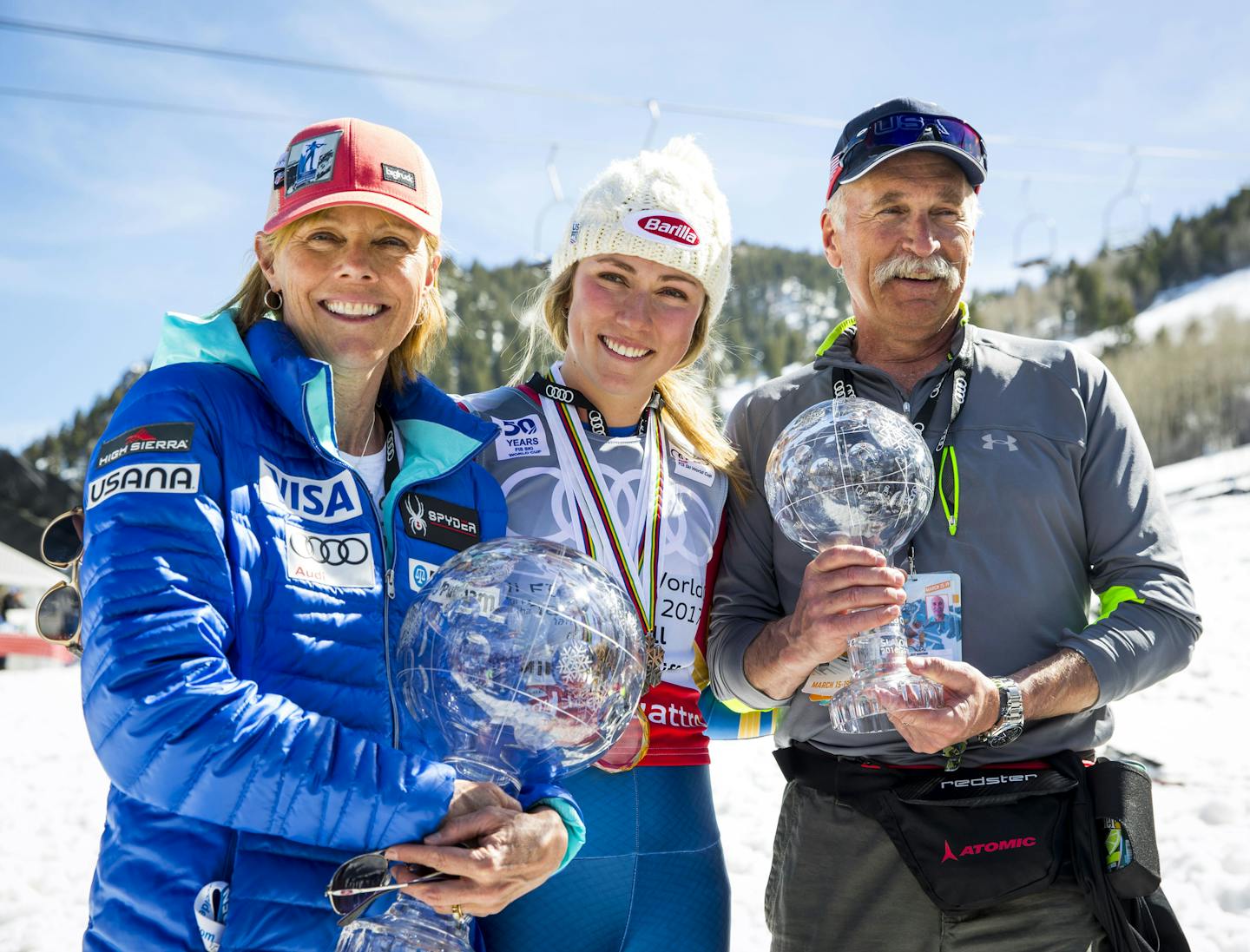 FILE -- Mikaela Shiffrin, center, with her parents Eileen and Jeff at the Audi FIS Ski World Championship in Aspen, Colo, March 19, 2017. A personal loss has prompted Eileen Shiffrin to step away from coaching her daughter after the two decided &#xd2;it was important for her to get back to her life.&#xd3; (Doug Mills/The New York Times)