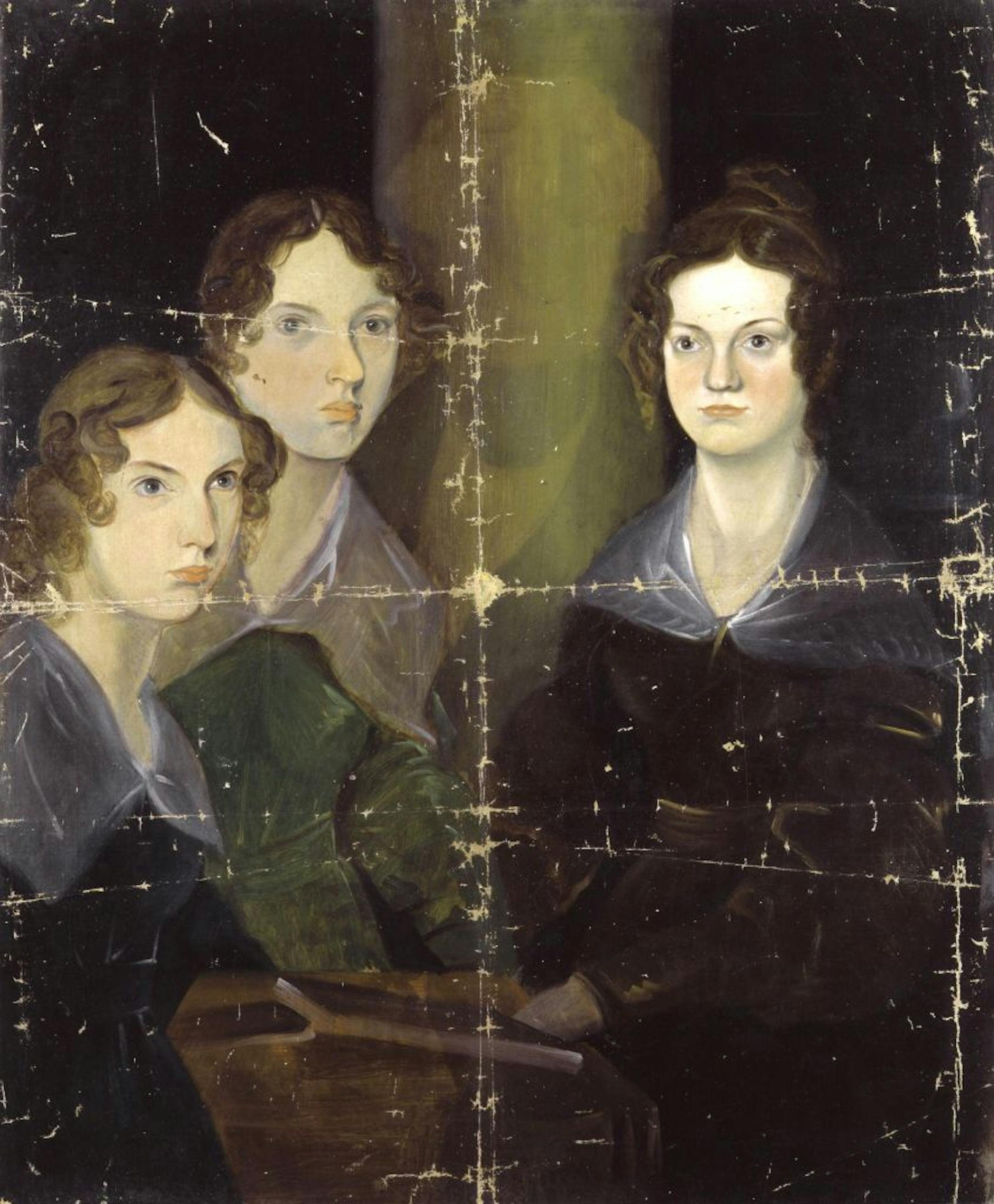 Anne, Emily, and Charlotte Bronte, painted by their brother Branwell (c. 1834). He painted himself among his sisters, but later removed it so as not to clutter the picture.