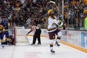 Gophers freshman Jimmy Snuggerud celebrated one of his three goals in a 4-1 victory over Minnesota State Mankato on Oct. 7 at 3M Arena at Mariucci.