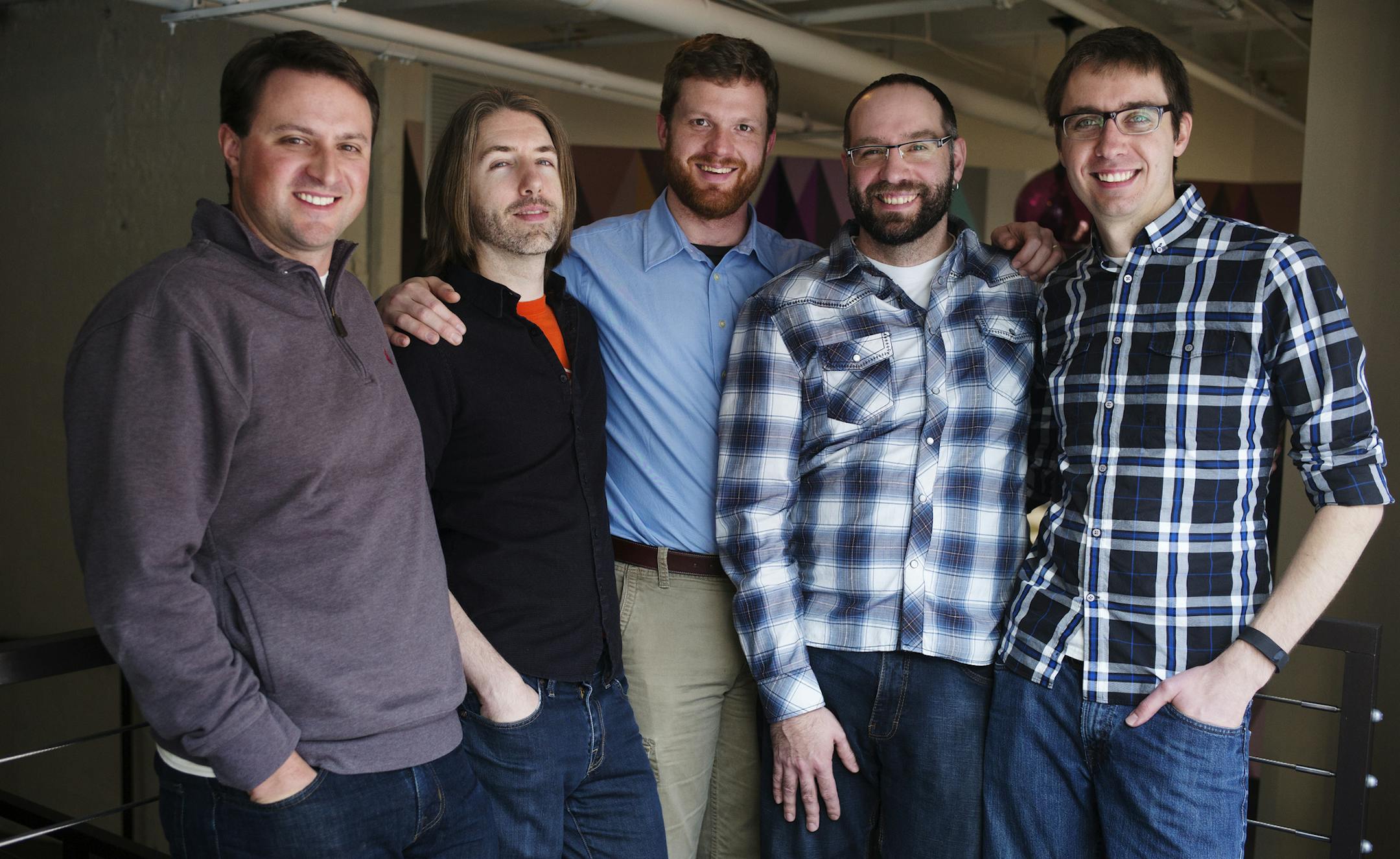 Camera Slice is a maker of an app technology that puts together photos in crowds and at events. The team includes, left to right, Drew Whitson, CFO, Joel Vaughan, creative, Andrew Aarestad, engineer, Matt Pacyga, CEO, and Joel Stewart, engineer.] Richard Tsong-Taatarii/rtsong-taatarii@startribune.com