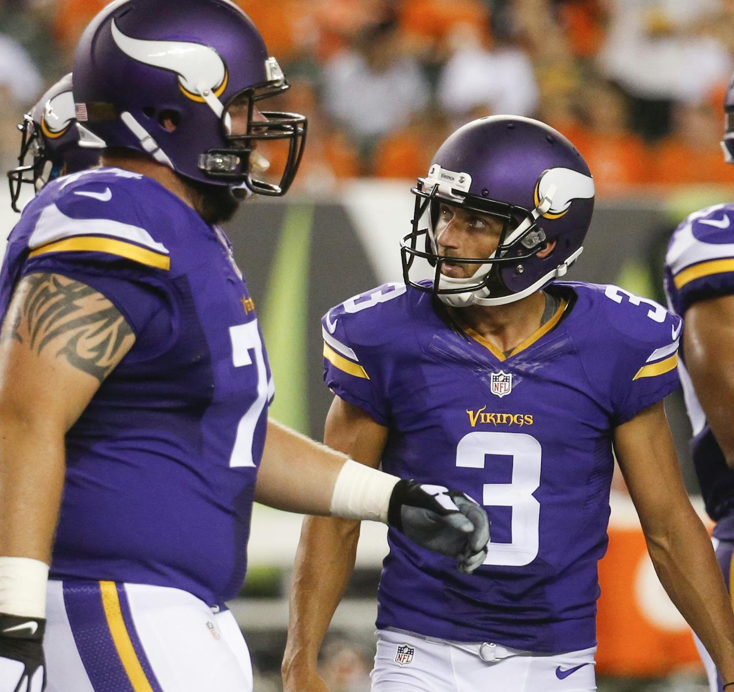 Minnesota Vikings kicker Blair Walsh (3) and teammates walk off the field after his field goal during the first half of an NFL preseason football game against the Cincinnati Bengals, Friday, Aug. 12, 2016, in Cincinnati. (AP Photo/Gary Landers)