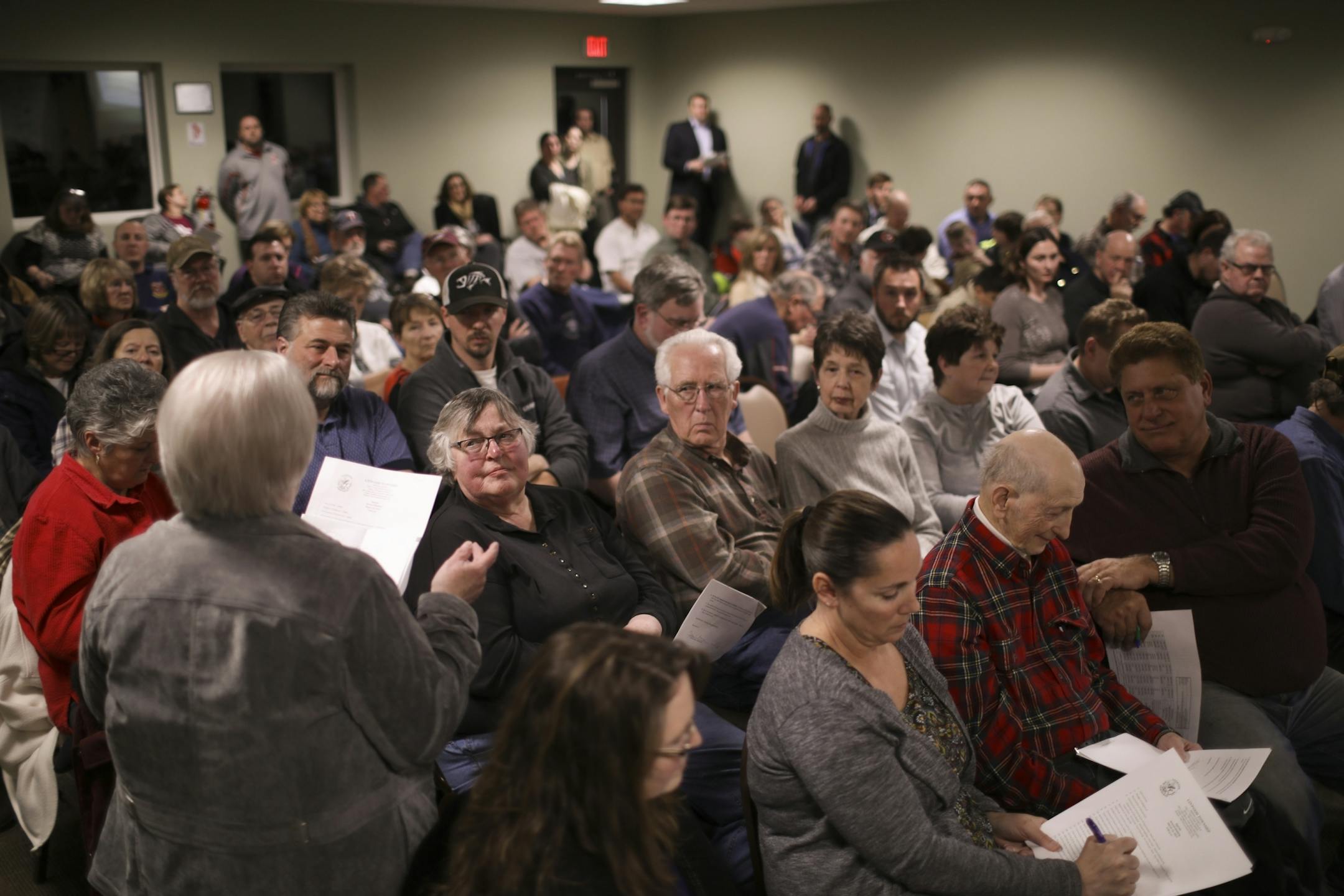 The crowd at the Linwood Townhip annual meeting listened as Carol Searing, one of the Town Supervisors, read a report.
