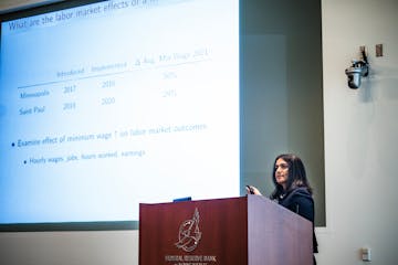 Anusha Nath of the Federal Reserve Bank of Minneapolis presented findings from the most recent study of the impact of Minneapolis and St. Paul’s min