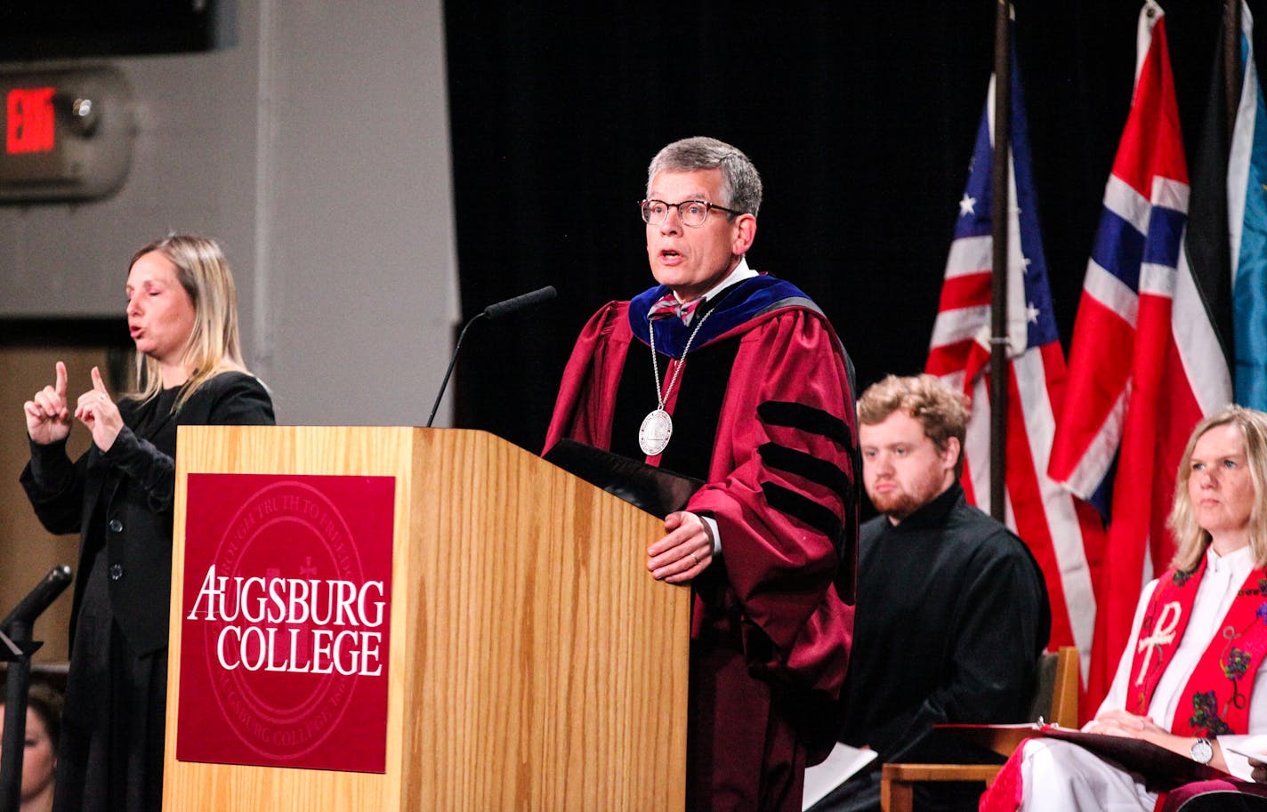 The principal, Paul Pribbenow, was giving his speech in the commencement. ] XAVIER WANG &#xa5; xavier.wang@startribune.com Augsburg College graduated its final class Saturday April 29, 2017 at Si Melby Hall in Minneapolis before it becomes Augsburg College