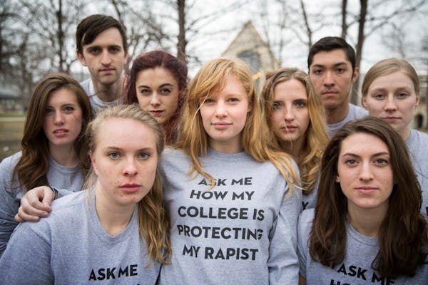 In this file photo, Madeline Wilson, center, led a protest this spring at St. Olaf College.