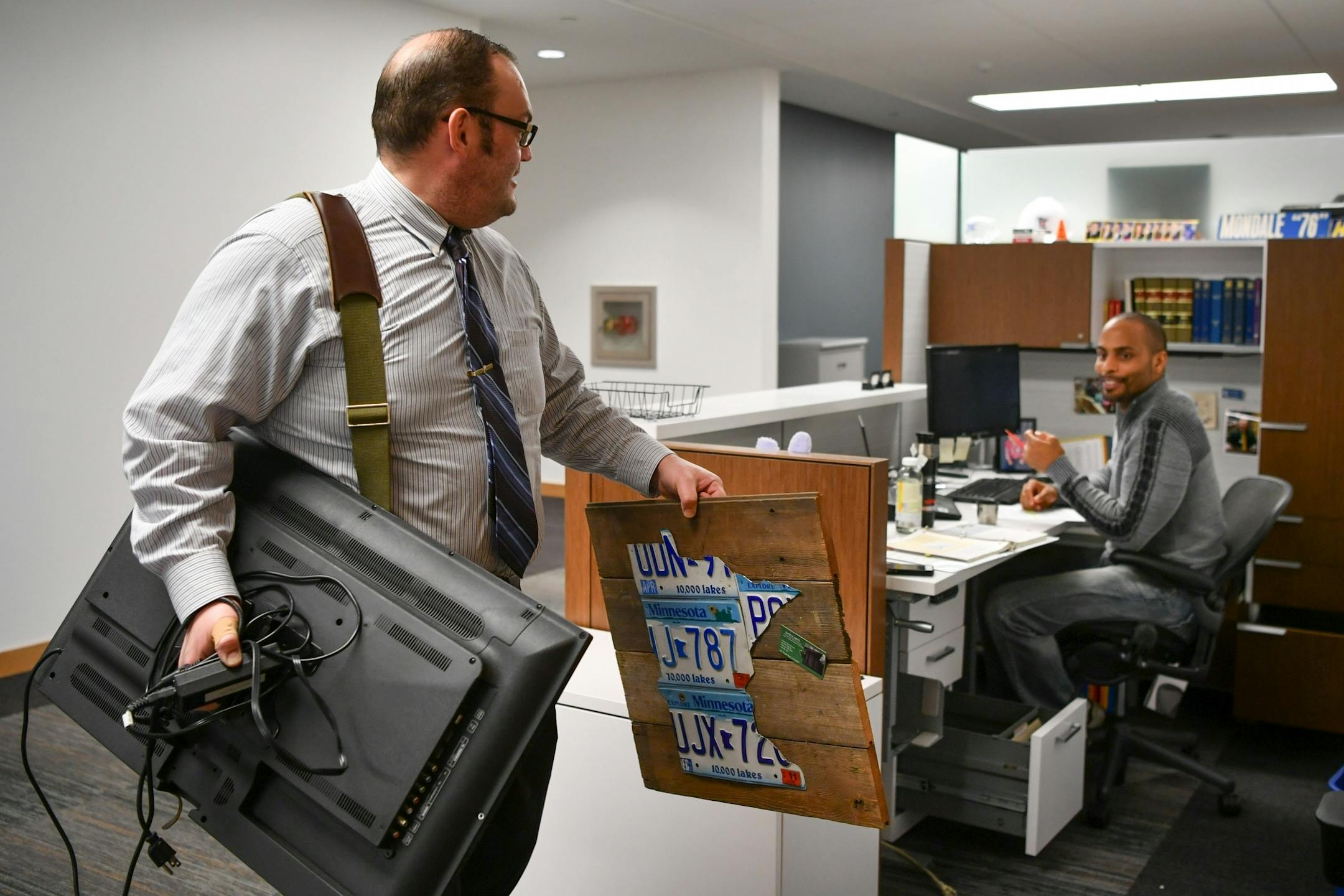 DFL Senator Dan Schoen carried some of his things into his new office in the Senate Office Building. He is a former DFL State Representative.