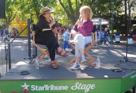 U.S. Sen. Tina Smith, right, and Star Tribune editorial writer Patricia Lopez on the Star Tribune Stage at the Minnesota State Fair on Thursday.