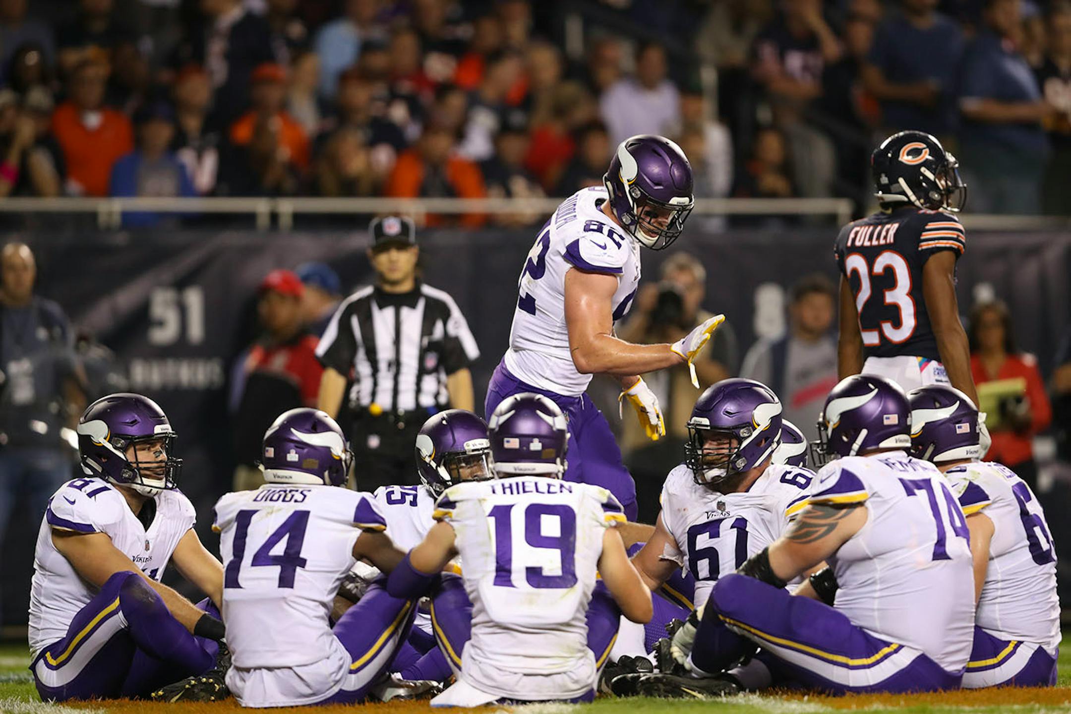 Minnesota Vikings tight end Kyle Rudolph (82) celebrated his 13 yard touchdown reception in the third quarter with a quick game of Duck, Duck, Grey Duck in the end zone.