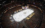 The Vegas Golden Knights and St. Louis Blues warm up before an NHL hockey game at T-Mobile Arena on Saturday, May 8, 2021, in Las Vegas. (AP Photo/Dav