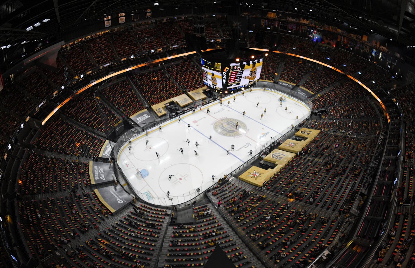 The Vegas Golden Knights and St. Louis Blues warm up before an NHL hockey game at T-Mobile Arena on Saturday, May 8, 2021, in Las Vegas. (AP Photo/David Becker)