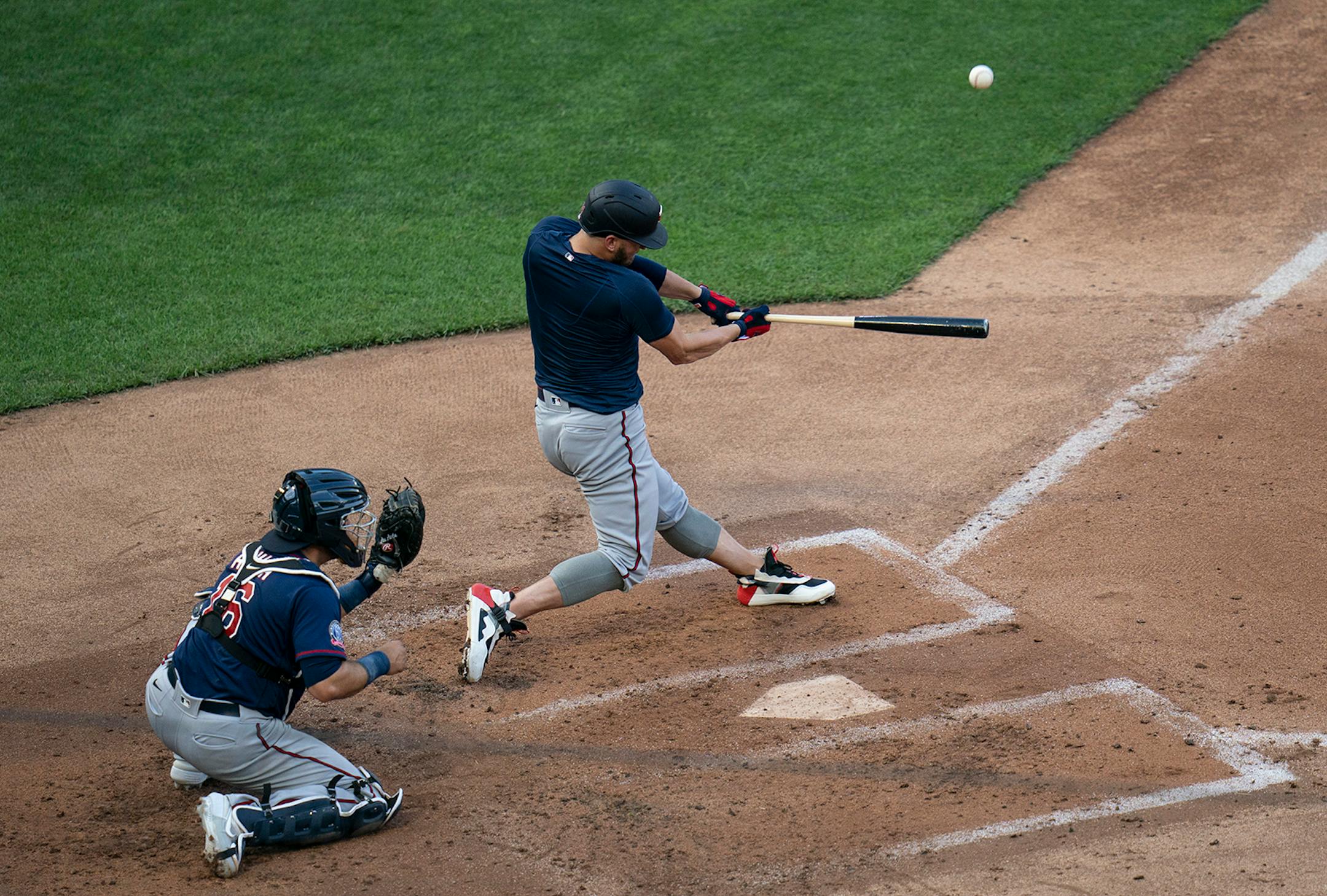 Minnesota Twins third baseman Josh Donaldson (24) hit the ball during a scrimmage at practice at Target Field in Minneapolis, Minn., on Wednesday, July 8, 2020.