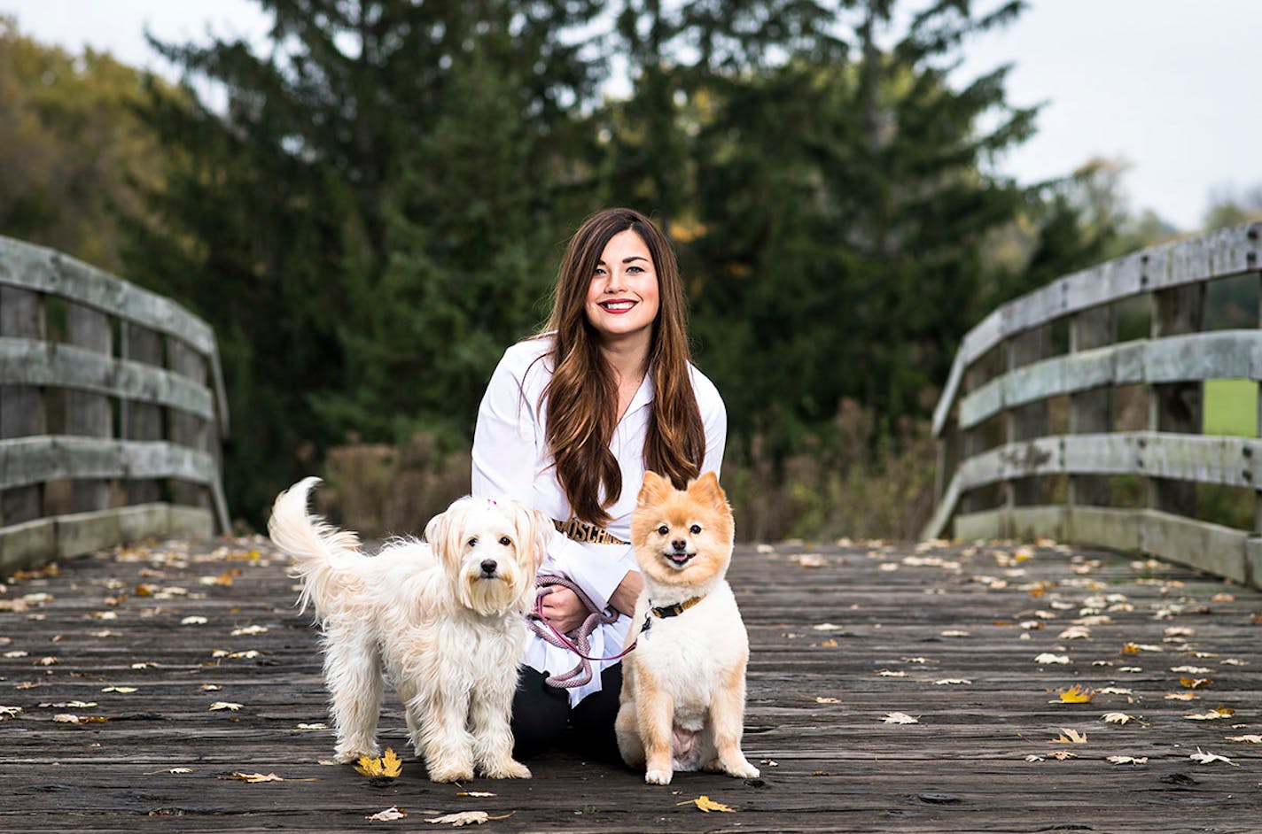 KDWB radio host Falen Lambert was photographed near the Theodore Wirth golf clubhouse on Thursday, Oct. 27, 2016 with her dogs, Muppett, left, and Elliot.