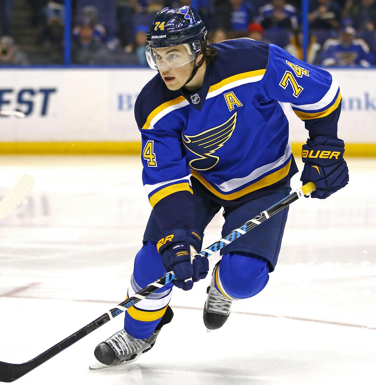 St. Louis Blues' T.J. Oshie in action during the second period of an NHL hockey game against the Montreal Canadiens, Tuesday, Feb. 24, 2015, in St. Louis. The Canadiens won the game 5-2. (AP Photo/Billy Hurst) ORG XMIT: MOBH129