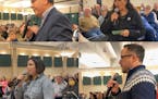 Clockwise from top left: David Hengel, Julie Laitala, Anne Schwagerl and Reed Olson were among speakers at a public meeting Tuesday held by Minnesot