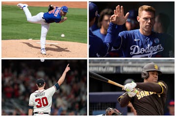 Four of the key players for the 2023 National League season (clockwise from top left): Mets SP Justin Verlander, Dodgers 1B Freddie Freeman, Padres OF