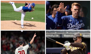 Four of the key players for the 2023 National League season (clockwise from top left): Mets SP Justin Verlander, Dodgers 1B Freddie Freeman, Padres OF