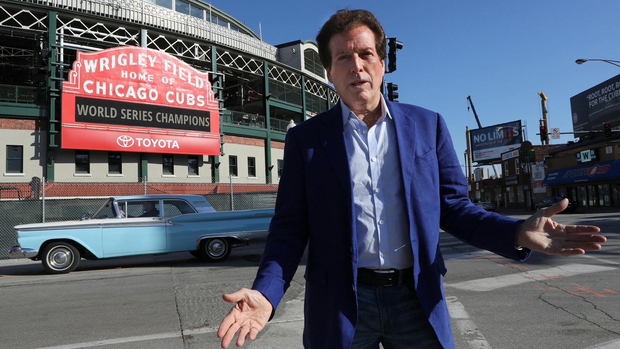 Sen. William Marovitz belts out a tune on the Cubs while outside Wrigley Field, Tuesday, Nov. 29, 2016 in Chicago. Marovitz wrote a yet-to-be-produced musical play about the Cubs. (Antonio Perez/ Chicago Tribune/TNS) ORG XMIT: 1194210