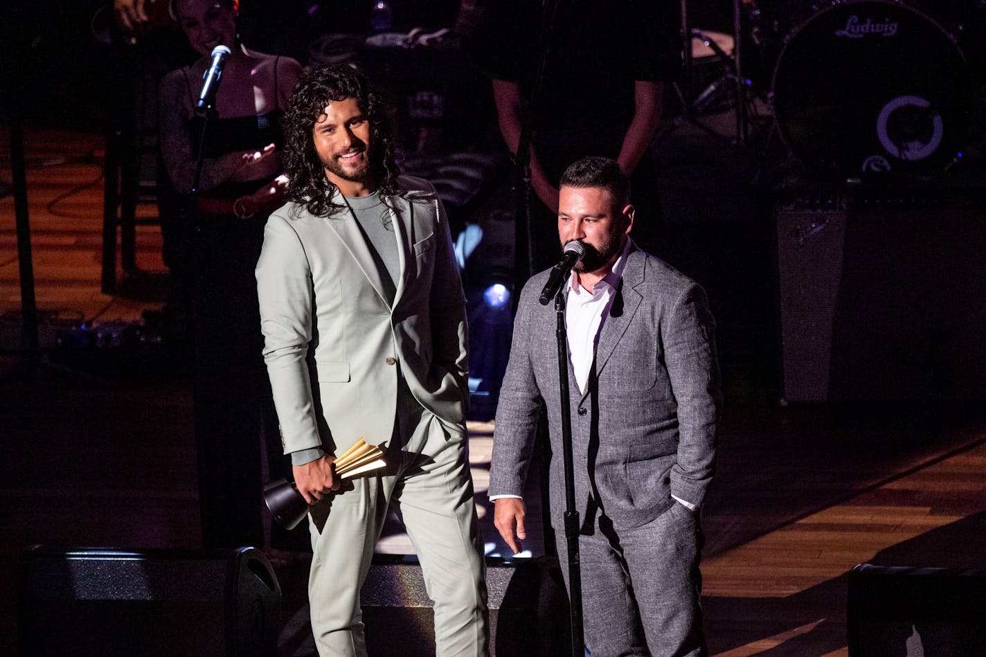 Dan Smyers, left, and Shay Mooney of Dan + Shay accept the Jim Reeves International Award at the 14th Annual ACM Honors at Ryman Auditorium on Wednesday, Aug. 25, 2021, in Nashville, Tenn. (Photo by Amy Harris/Invision/AP)