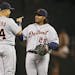 Miguel Cabrera left and Prince Fielder celebrated Detroit's 4-2 win during MLB action between the Minnesota Twins and Detroit Tigers at Target Field S