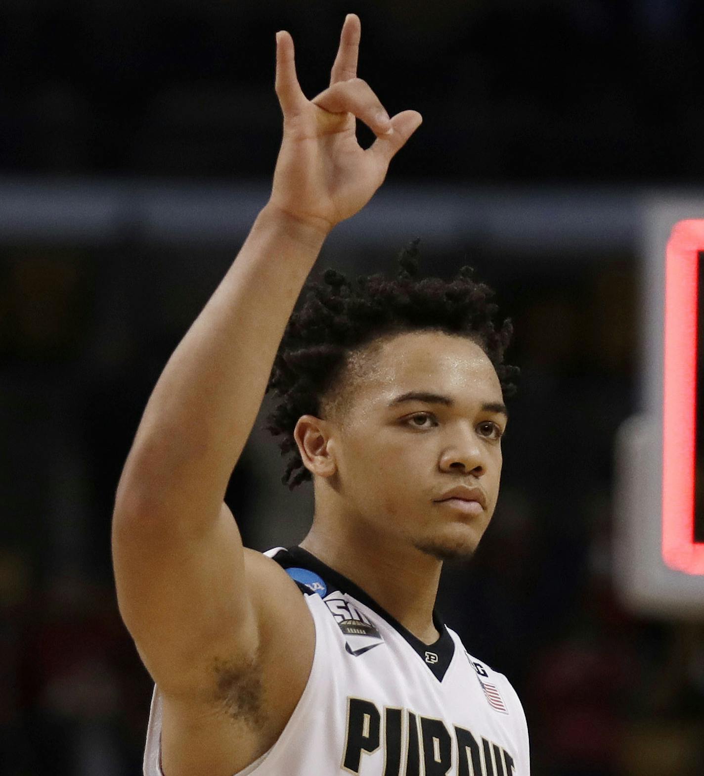 Purdue's Carsen Edwards leaves the court following the team's 78-65 loss to Texas Tech in an NCAA men's college basketball tournament regional semifinal, early Saturday, March 24, 2018, in Boston. (AP Photo/Charles Krupa) ORG XMIT: BX192