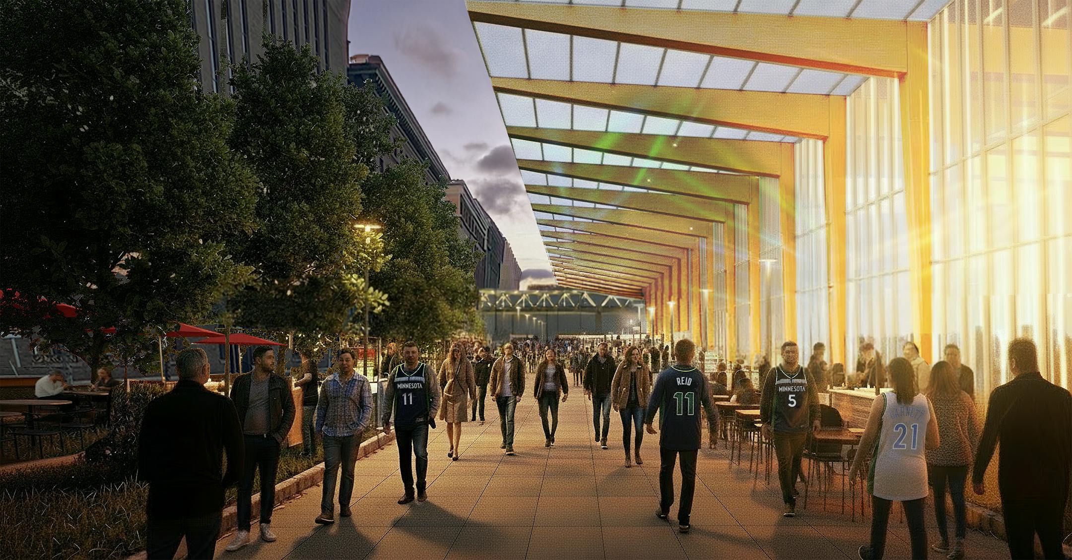 A rendering from Gensler shows how their concept for a new basketball arena could integrate into downtown Minneapolis' Warehouse District. Street canopies would create space for concessions and retail surrounding the facility.