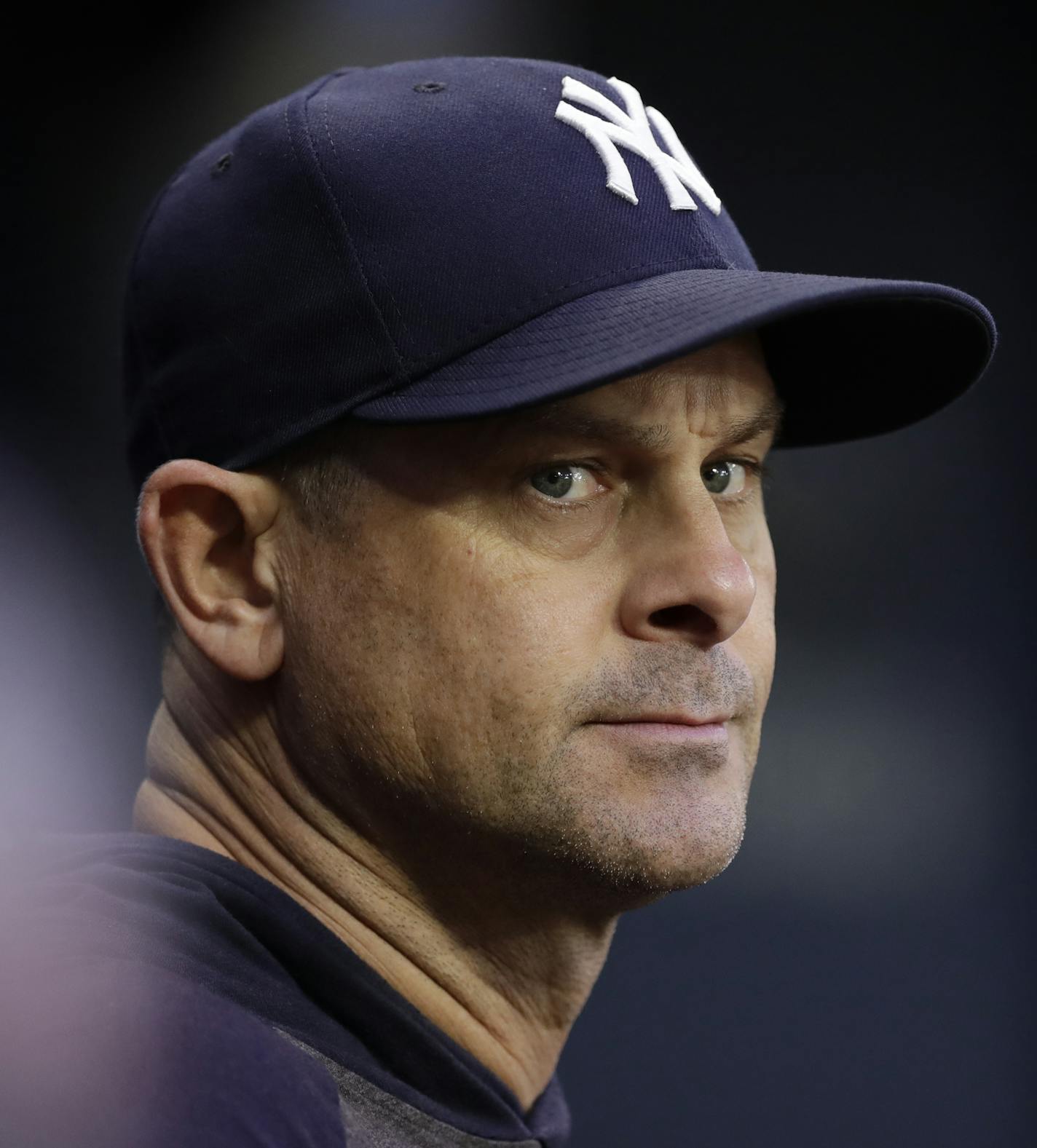 New York Yankees manager Aaron Boone before a baseball game against the Tampa Bay Rays Wednesday, Sept. 25, 2019, in St. Petersburg, Fla. (AP Photo/Chris O'Meara)