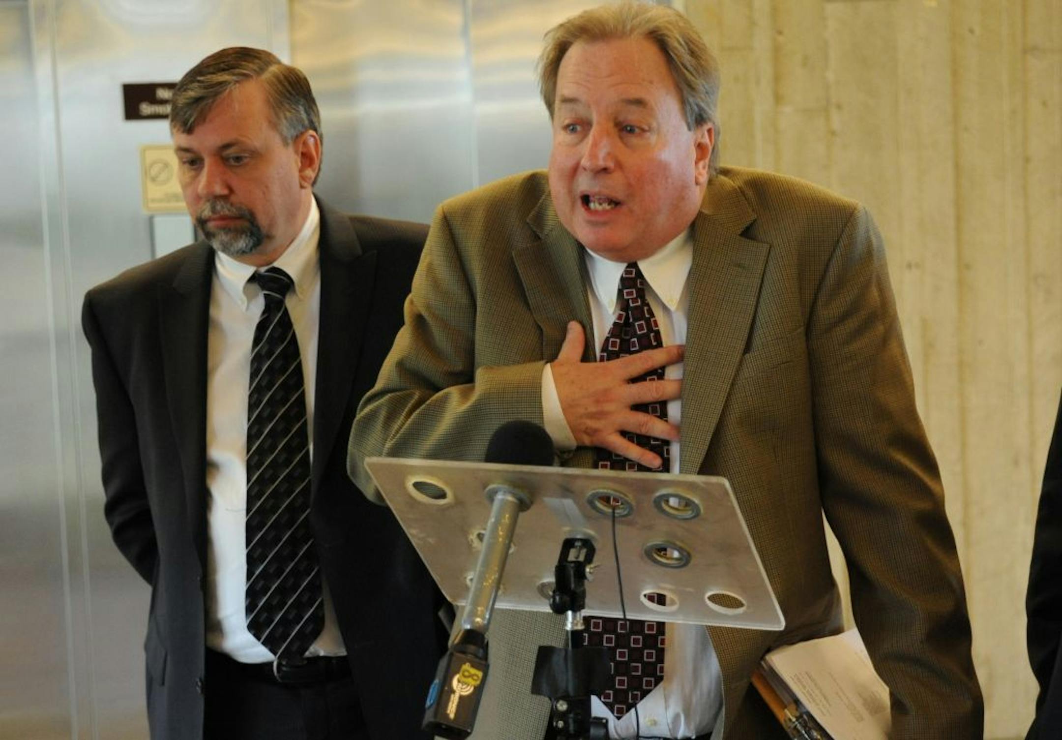 Steven Cross talked to reporters with his lawyer, Jeffrey Priest, at his side after he was sentenced May 16 for abandoning his son Sebastian and heading to California.