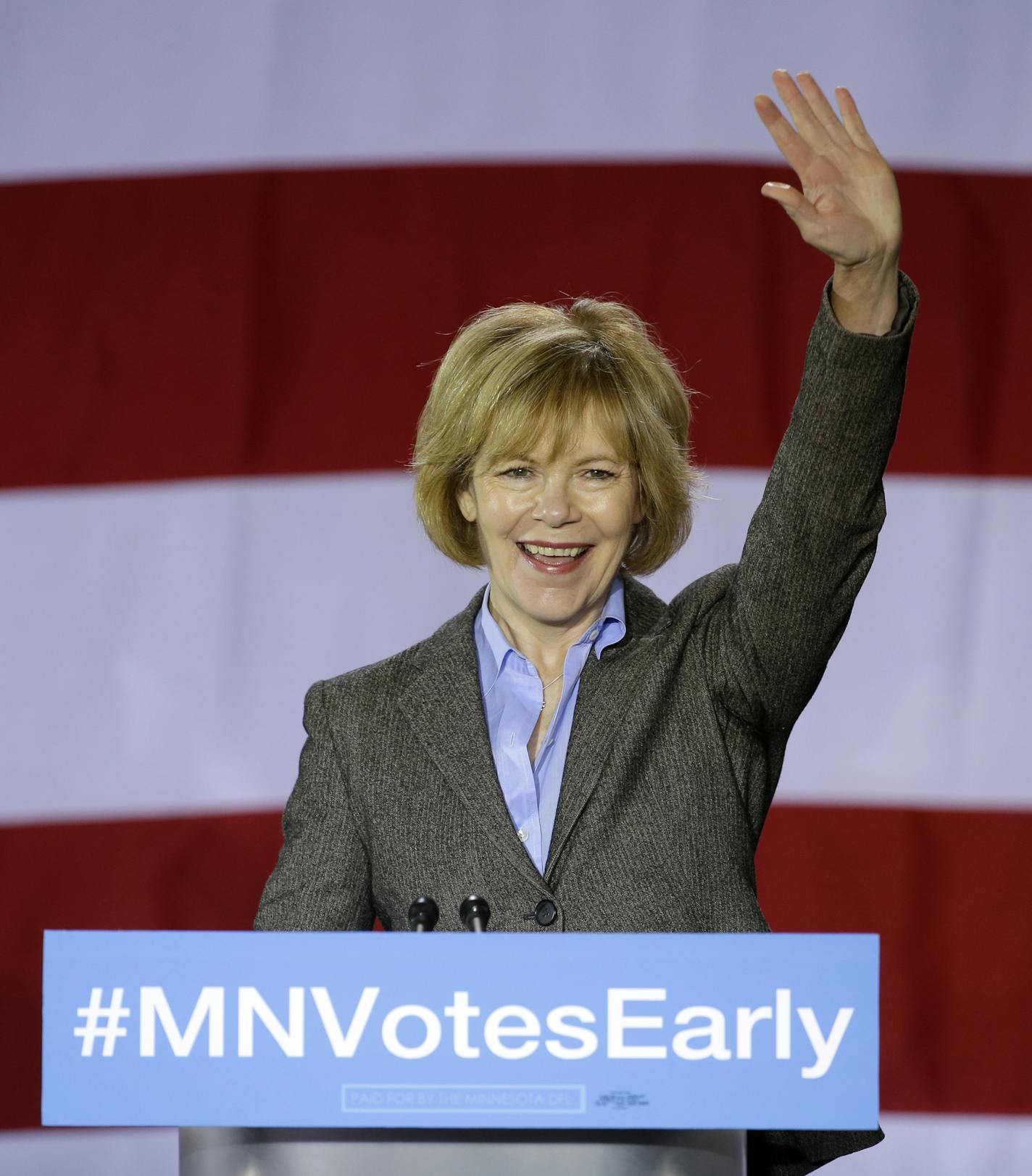 Minnesota Democratic candidate for Lt. Gov. Tina Smith appears at a get-out-the-vote rally in support for Democratic U.S. Sen. Al Franken and Minnesota Democratic Gov. Mark Dayton at Patrick Henry High School in Minneapolis, Tuesday, Oct. 21, 2014. (AP Photo/Ann Heisenfelt) ORG XMIT: OTKAH118