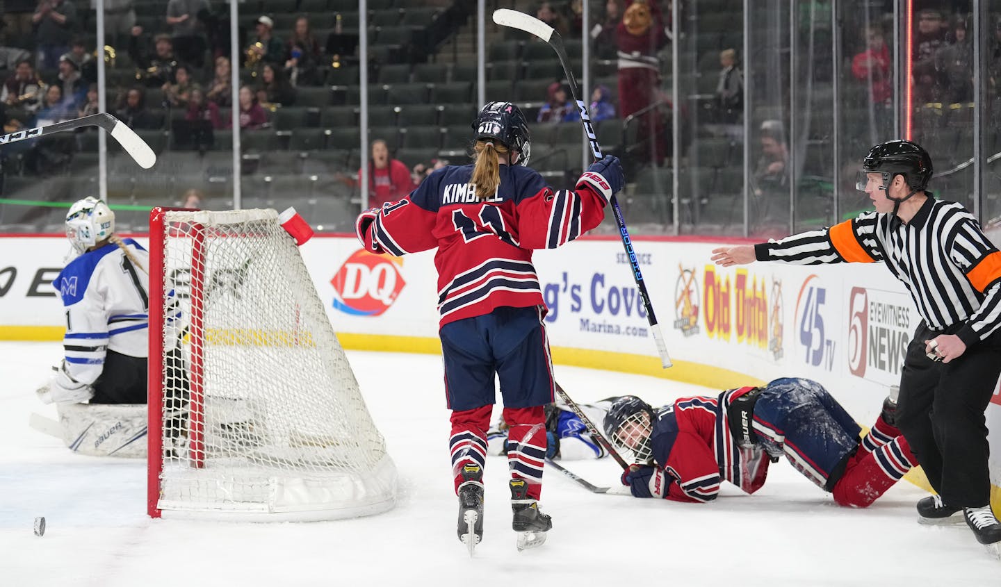 Orono forward Zoe Lopez (10) looks up at forward Maddy Kimbrel (11) after Kimbrel scored the game winning goal in overtime at Xcel Energy Center in St. Paul, Minn., on Friday, Feb. 24, 2023. Orono took on Proctor-Hermantown in a Class 1A semifinal. ] SHARI L. GROSS • shari.gross@startribune.com