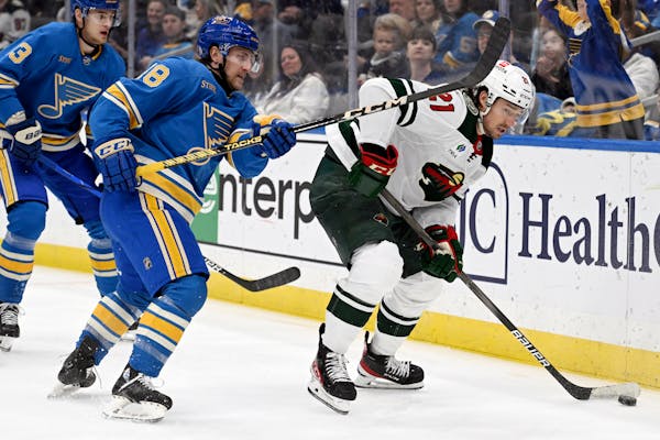 Scott Perunovich and the Blues will look for a repeat of their March 2 victory over the Wild on Saturday night.