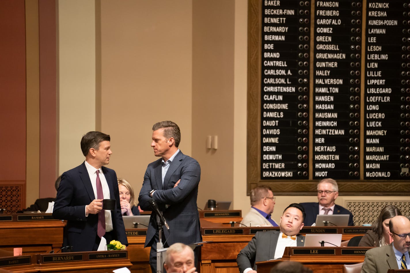 House Majority Leader Ryan Winkler had a discussion on the House Floor with Minority Leader Kurt Daudt as debate slogged forward on the Omnibus environment and natural resources finance bill. ] GLEN STUBBE &#x2022; glen.stubbe@startribune.com Tuesday, April 30, 2019