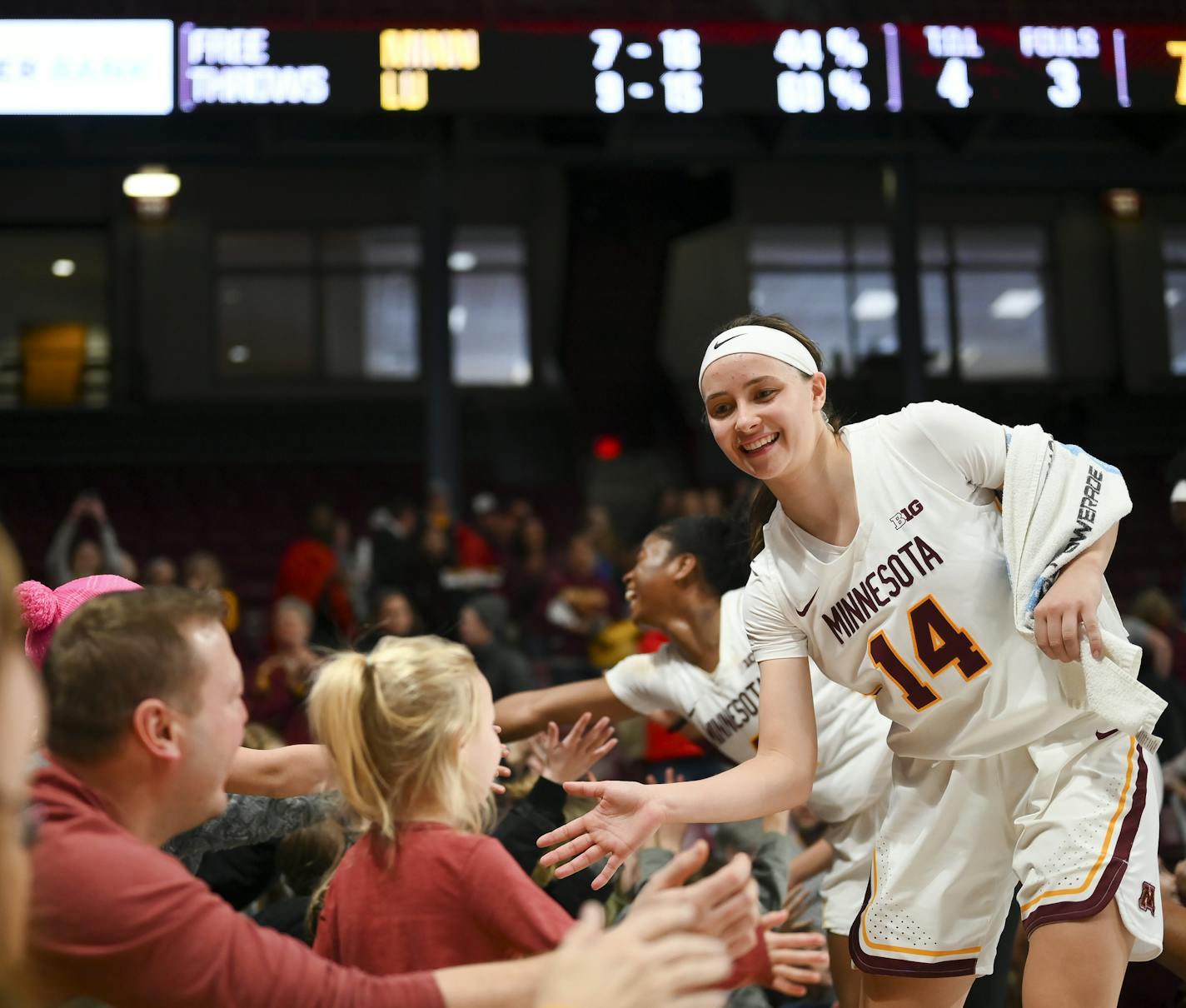 Minnesota Gophers guard Sara Scalia (14) high fived fans after hear team's 77-49 win against the Lehigh Mountain Hawks. ] Aaron Lavinsky &#x2022; aaron.lavinsky@startribune.com The Minnesota Gophers played the LeHigh Mountain Hawks on Saturday, Dec. 21, 2019 at Williams Arena in Minneapolis, Minn.