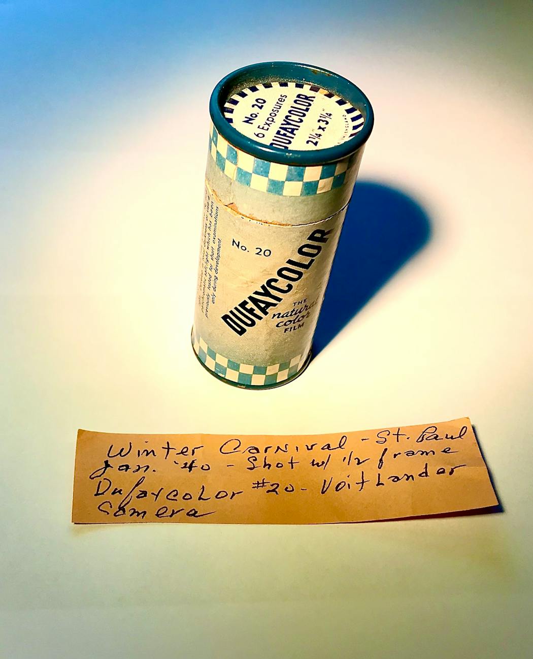 The Dufaycolor film roll shot by William Snell and his handwritten note. 