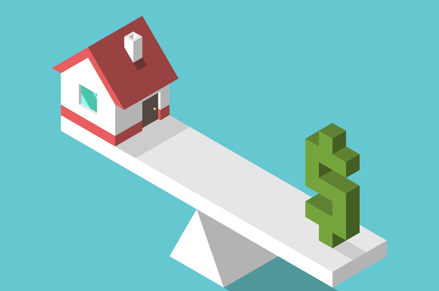 iStock
Isometric small house and green dollar sign on weight scales. Balance, price, real estate and home concept.